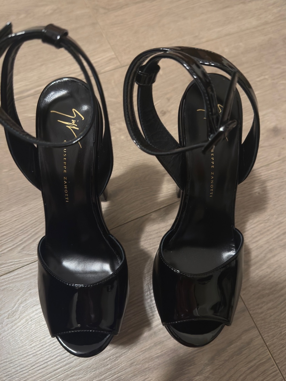 Giuseppe Zanotti Black Patent Leather Open-Toe Ankle-Strap Heels